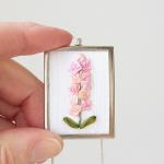 Pink Hollyhocks Necklace. Embroidered Silk Ribbon