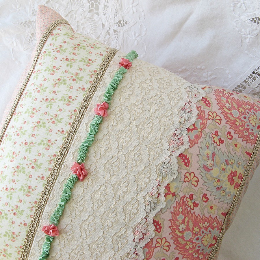 Shabby Cottage Style Pillow Cover Ribbon Embroidery Vintage Lace 14 X 14
