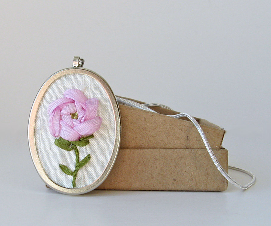 Pink Rose Necklace. June Birthday. Embroidered Necklace.