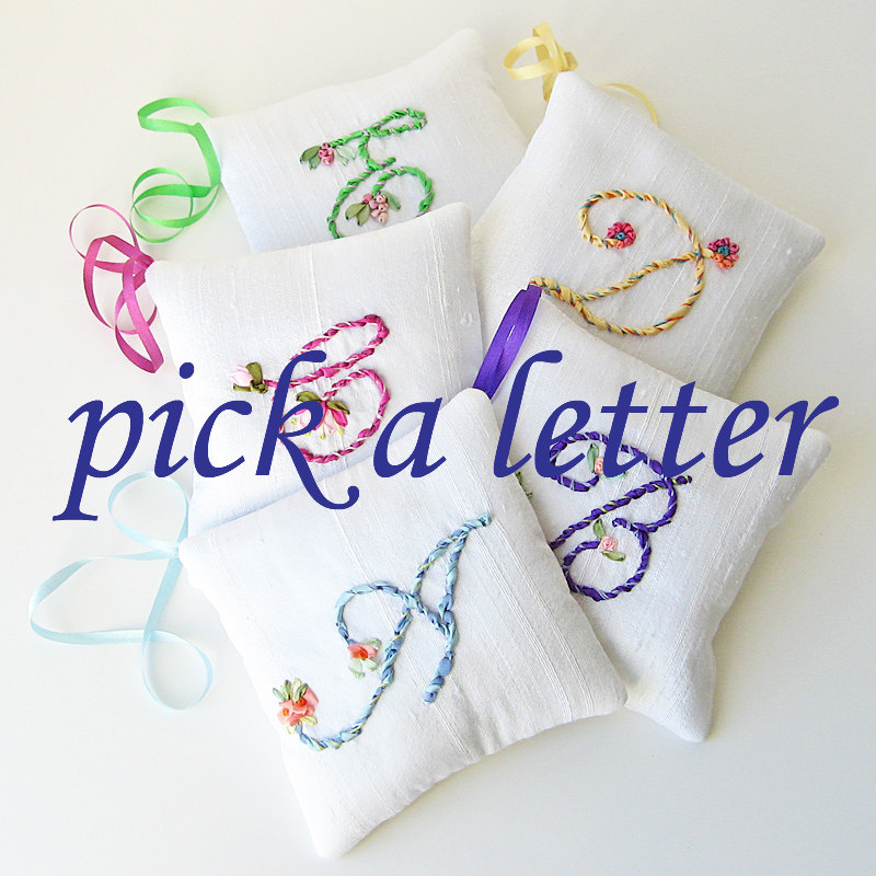 Custom Lavender Sachet Monogrammed Initial Silk Ribbon Embroidery