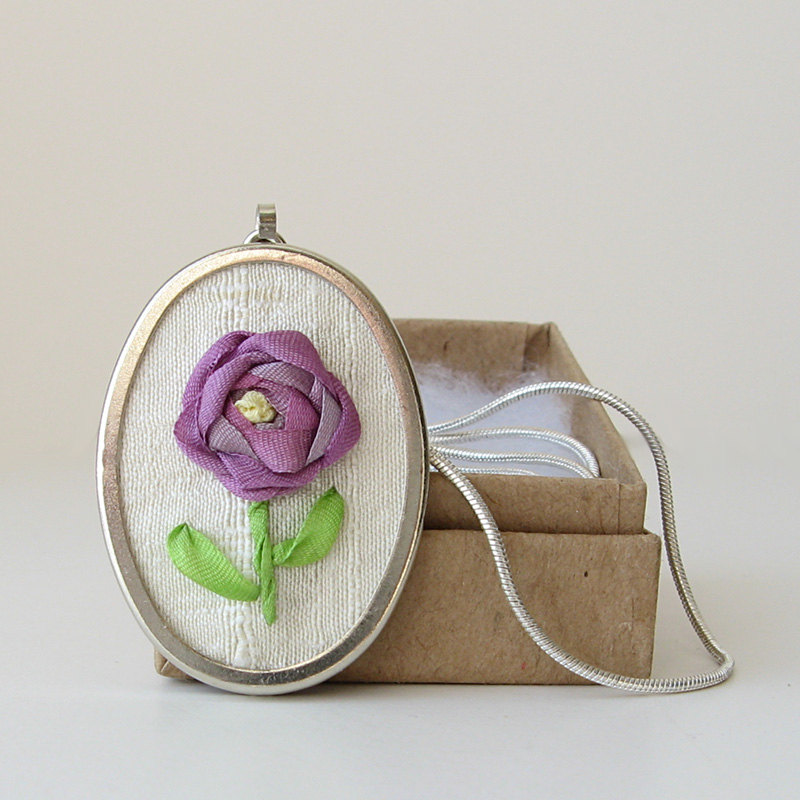 Purple Silk Rose Necklace