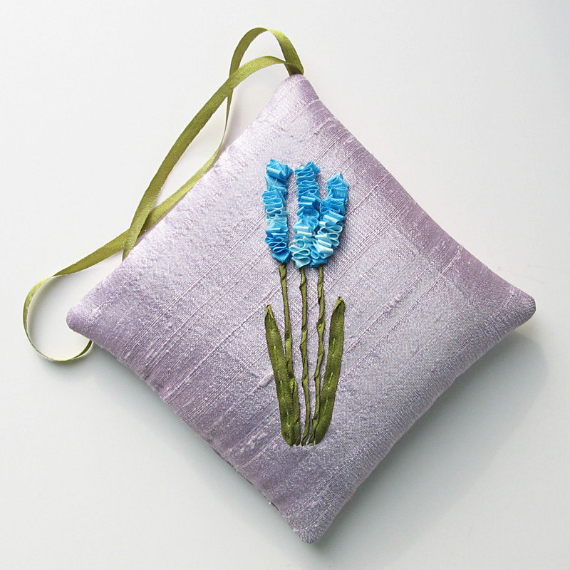 Lavender Sachet Blue Flowers Silk Ribbon Embroidery