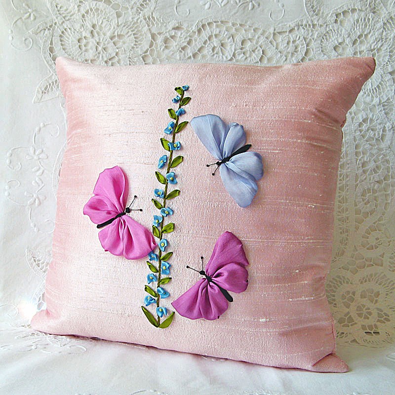Butterflies Pillow Cover Pink Silk Ribbon Embroidery